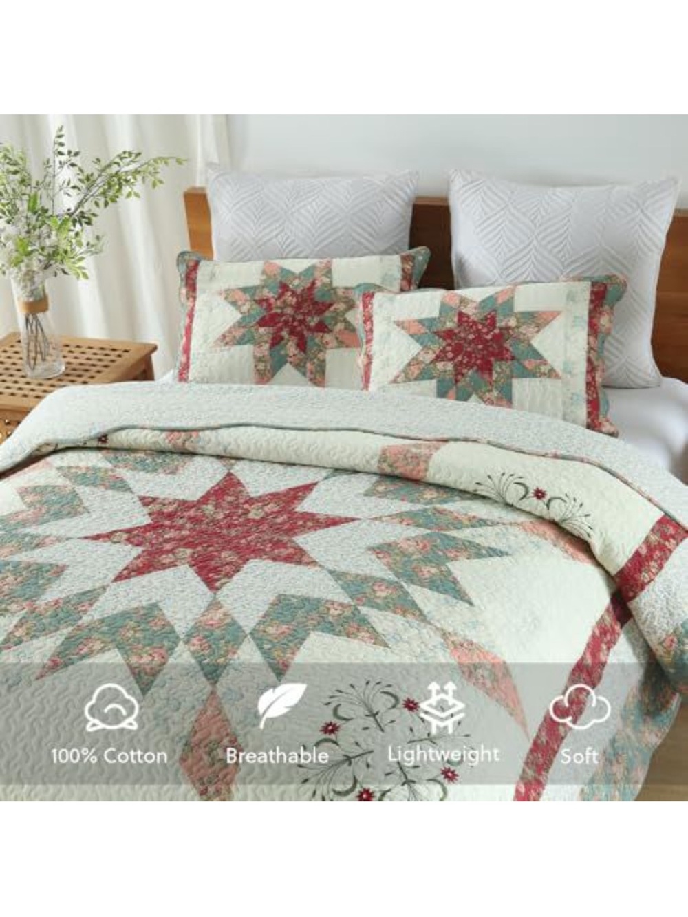 Red Floral Star Quilt Bedspread Set - Reversible 3-Piece Bedding
